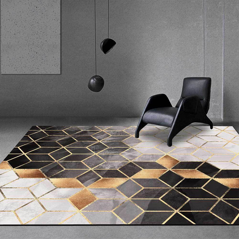 Contemporary geometric patterned carpet black and gray polyester rug machine washable non-slip rug for the living room