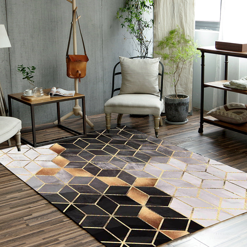 Contemporary geometric patterned carpet black and gray polyester rug machine washable non-slip rug for the living room