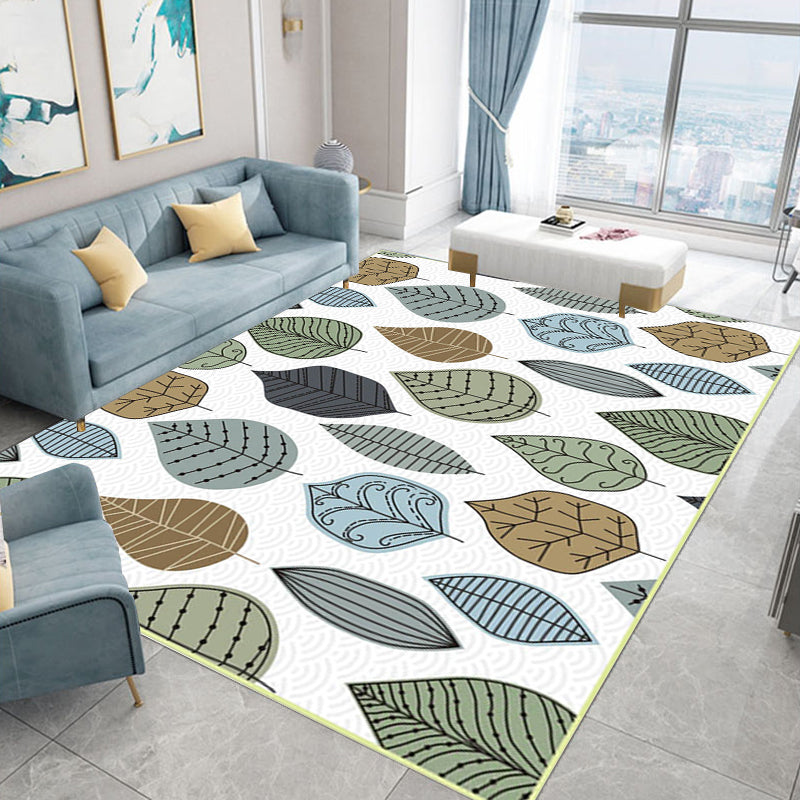 Stylish leaf pattern rug white multicolored Northern European rug polyester washable non-slip back rug for the living room