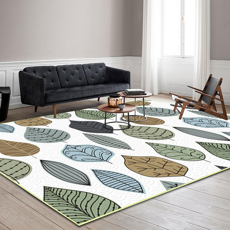 Stylish leaf pattern rug white multicolored Northern European rug polyester washable non-slip back rug for the living room