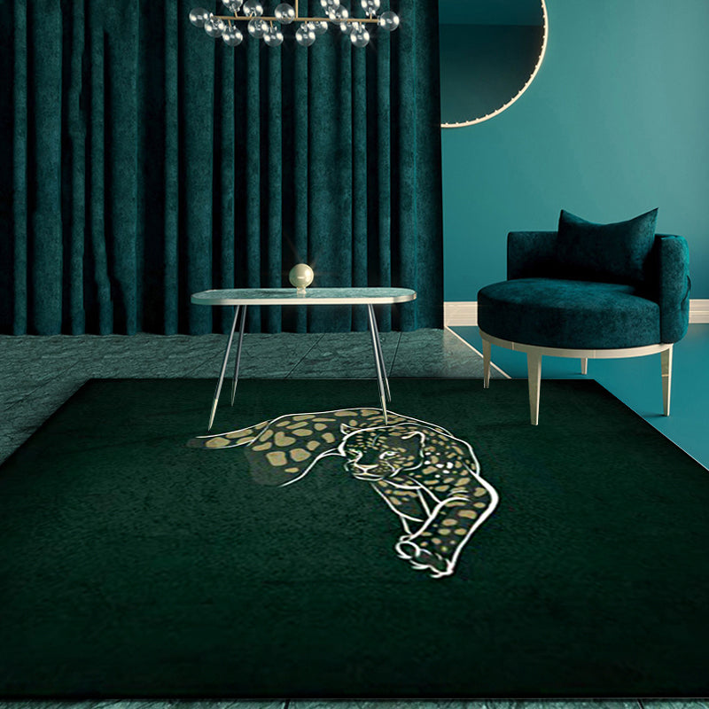 Modern Cheetah Pattern Rug Dark Green Polyester Rug Machine Washable Non-Slip Rug for the Bedroom