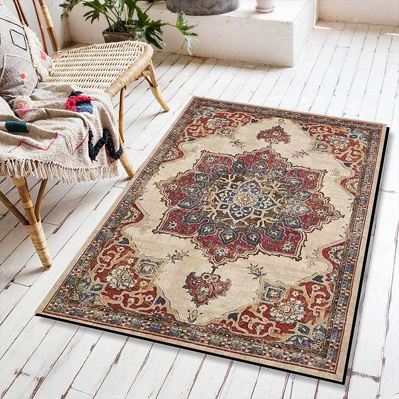 Vintage Medallion Pattern Rug Brown Polyester Rug Machine Washable Non-Slip Rug for the Living Room