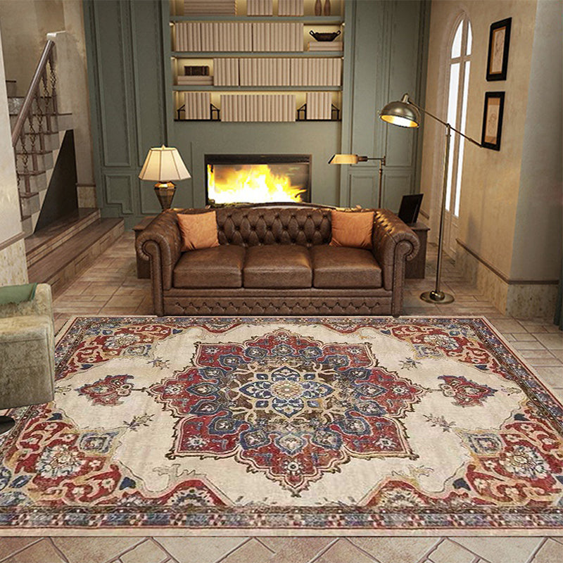 Vintage Medallion Pattern Rug Brown Polyester Rug Machine Washable Non-Slip Rug for the Living Room