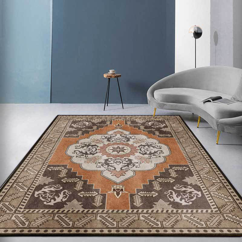 Brown Persian carpet polyester medallion and floral pattern carpet washable non-slip backing carpet for the living room