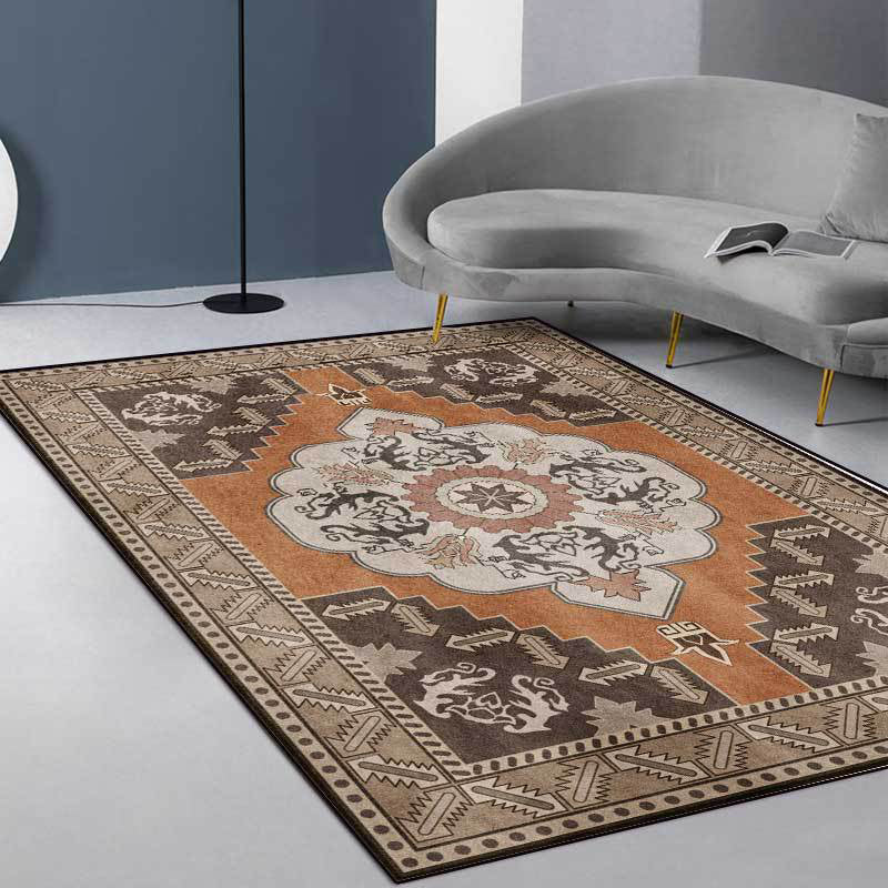 Brown Persian carpet polyester medallion and floral pattern carpet washable non-slip backing carpet for the living room