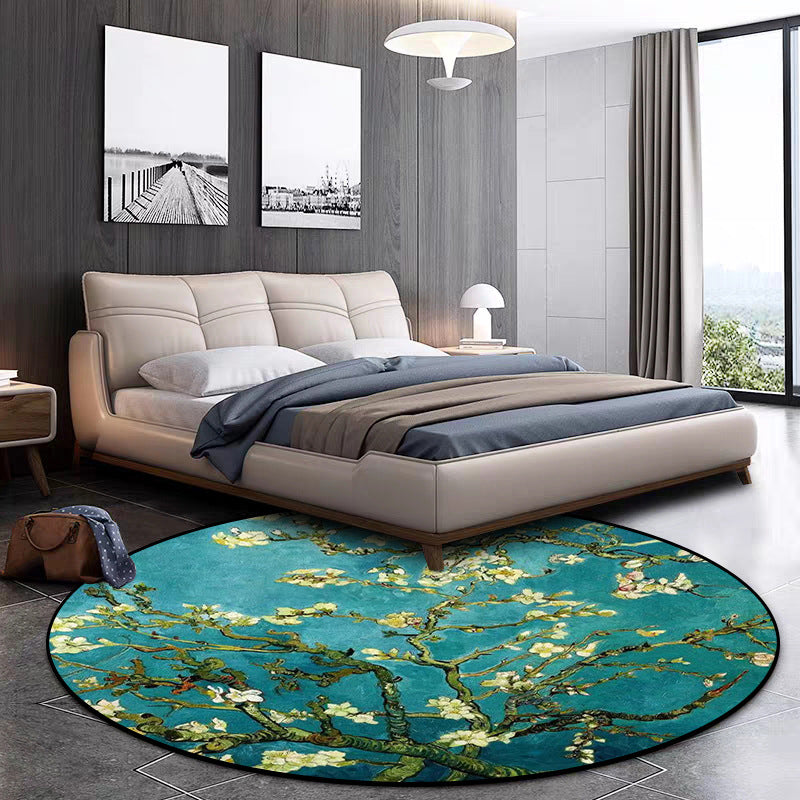 Retro Floral Pattern Rug Blue Traditional Rug Polyester Washable Non-Slip Back Rug for Living Room