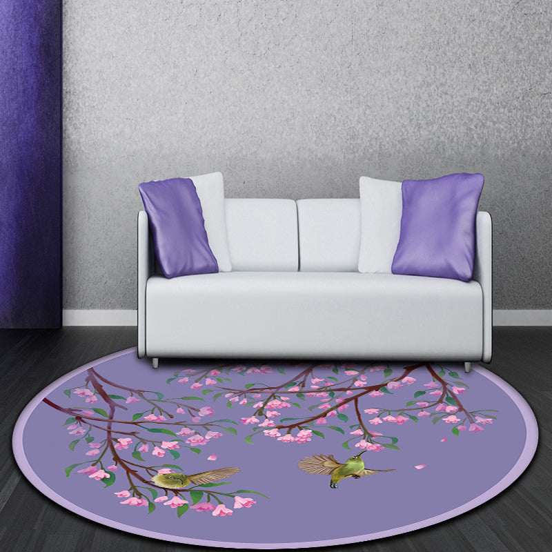 Purple Oriental Carpet Polyester Flower and Bird Motif Carpet Washable With Non-Slip Back Carpet for Bedroom