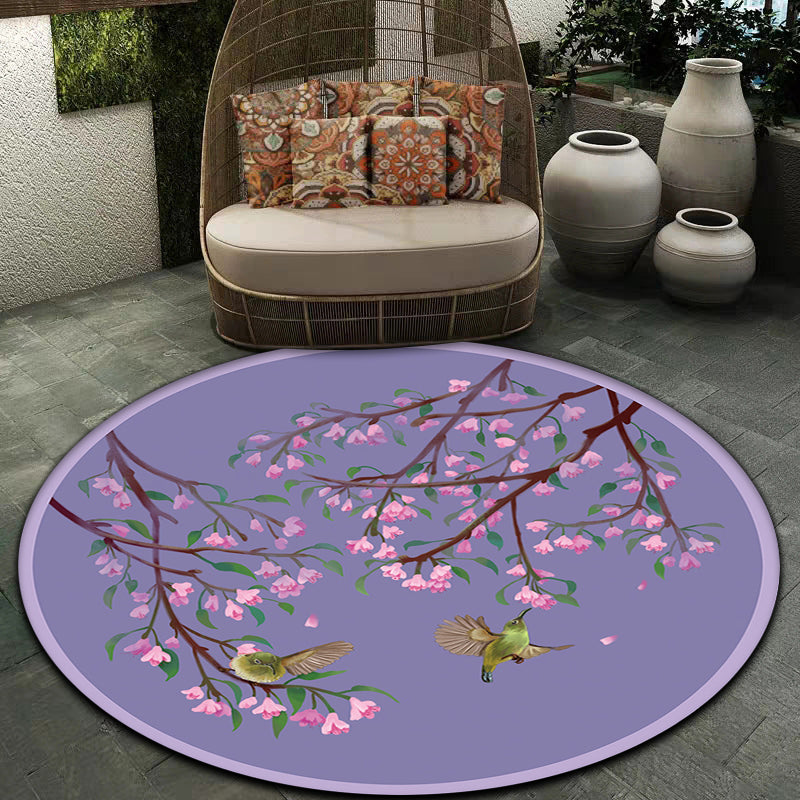 Purple Oriental Carpet Polyester Flower and Bird Motif Carpet Washable With Non-Slip Back Carpet for Bedroom