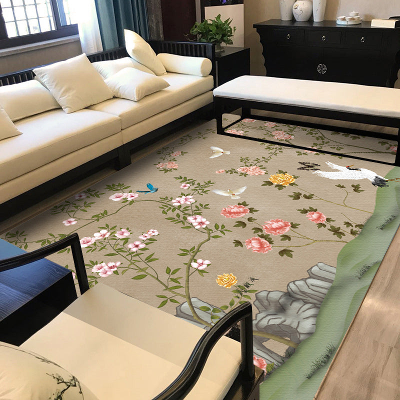 Vintage Floral Pattern Carpet with Bird and Leaf Khaki Polyester Carpet Machine Washable Non-Slip Area Rug for Living Room