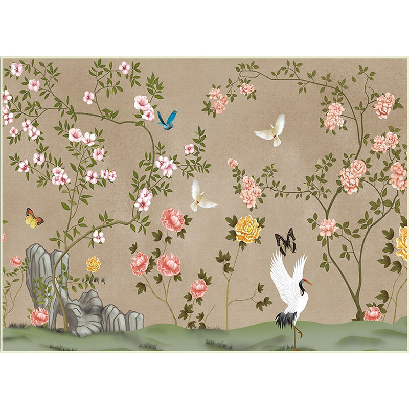 Vintage Floral Pattern Carpet with Bird and Leaf Khaki Polyester Carpet Machine Washable Non-Slip Area Rug for Living Room