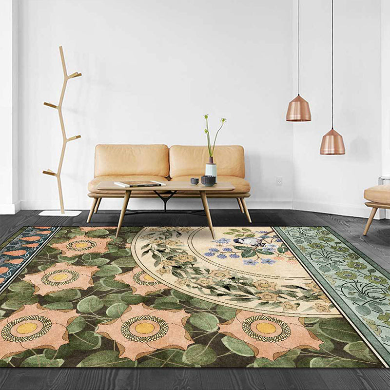 Green Oriental Carpet Polyester Flower and Bird Pattern Carpet Washable Non-Slip Backing Carpet for Bedroom