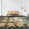 Green Oriental Carpet Polyester Flower and Bird Pattern Carpet Washable Non-Slip Backing Carpet for Bedroom