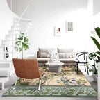 Green Oriental Carpet Polyester Flower and Bird Pattern Carpet Washable Non-Slip Backing Carpet for Bedroom