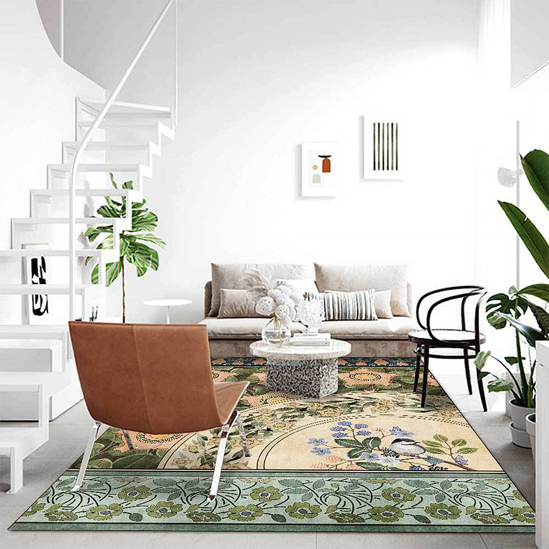 Green Oriental Carpet Polyester Flower and Bird Pattern Carpet Washable Non-Slip Backing Carpet for Bedroom