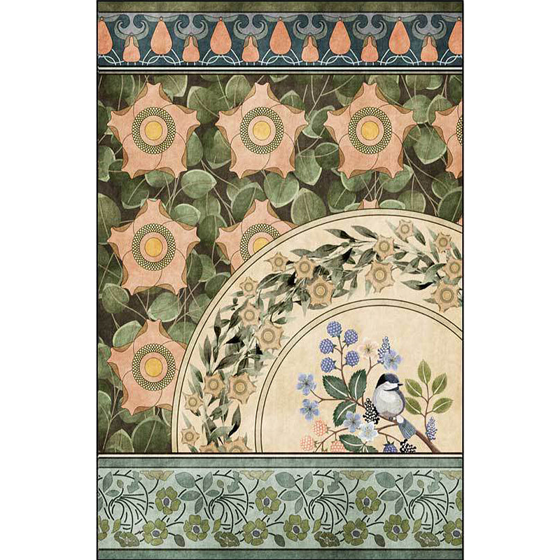Green Oriental Carpet Polyester Flower and Bird Pattern Carpet Washable Non-Slip Backing Carpet for Bedroom