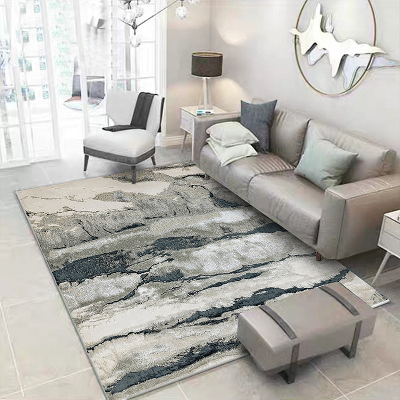 Gray Oriental Carpet Polyester Ink Wash Painting Pattern Carpet Washable Non-Slip Base Carpet for Living Room