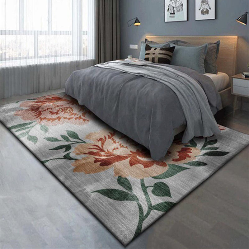 Gray and Red Eastern Carpet Polyester Flower and Leaf Pattern Carpet Washable Non-Slip Rug for Bedroom