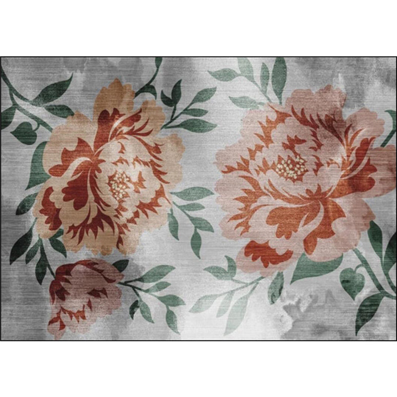 Gray and Red Eastern Carpet Polyester Flower and Leaf Pattern Carpet Washable Non-Slip Rug for Bedroom