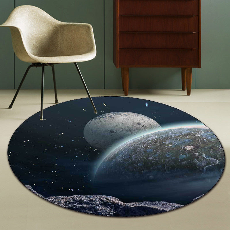 Modern living room rug in blue and black with planet print of outer space Rug polyester pet-friendly machine washable rug