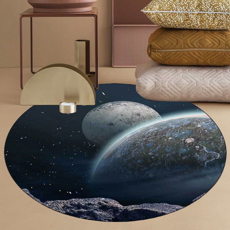 Modern living room rug in blue and black with planet print of outer space Rug polyester pet-friendly machine washable rug