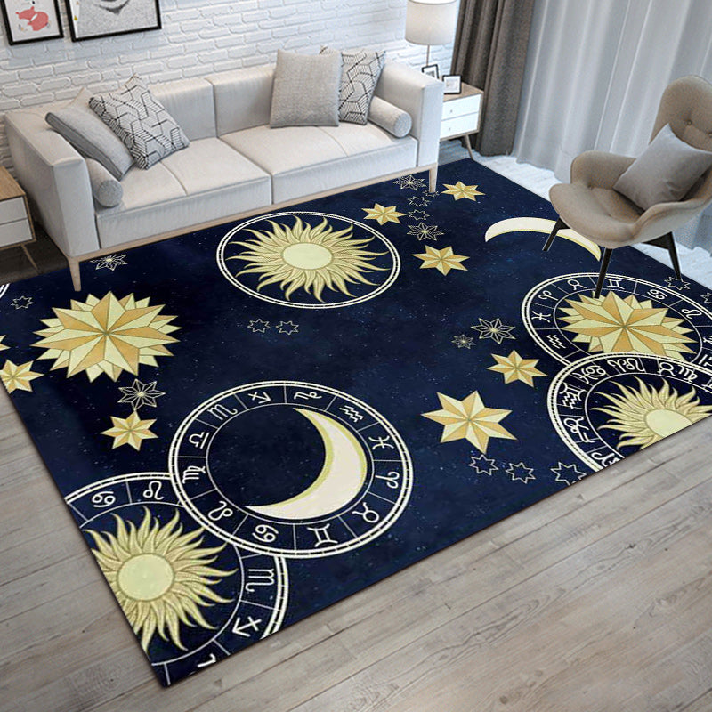 Blue Bedroom Rug Modern Space Sun Moon Pattern Rug Polyester Non-Slip Mat Rug