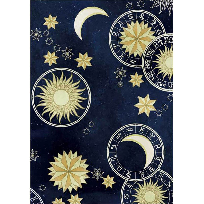Blue Bedroom Rug Modern Space Sun Moon Pattern Rug Polyester Non-Slip Mat Rug