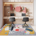 Casual Kids Rug in Gray Animal Rabbit Floral Leaf Pattern Rug Polyester Pet-Friendly Washable Rug for Children's Room