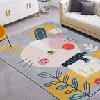 Casual Kids Rug in Gray Animal Rabbit Floral Leaf Pattern Rug Polyester Pet-Friendly Washable Rug for Children's Room