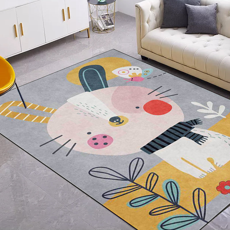Casual Kids Rug in Gray Animal Rabbit Floral Leaf Pattern Rug Polyester Pet-Friendly Washable Rug for Children's Room