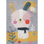 Casual Kids Rug in Gray Animal Rabbit Floral Leaf Pattern Rug Polyester Pet-Friendly Washable Rug for Children's Room