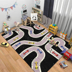 Kids Bedroom Rug in Black Cars & Roads Print Rug Polyester Non-Slip Back Washable Rug