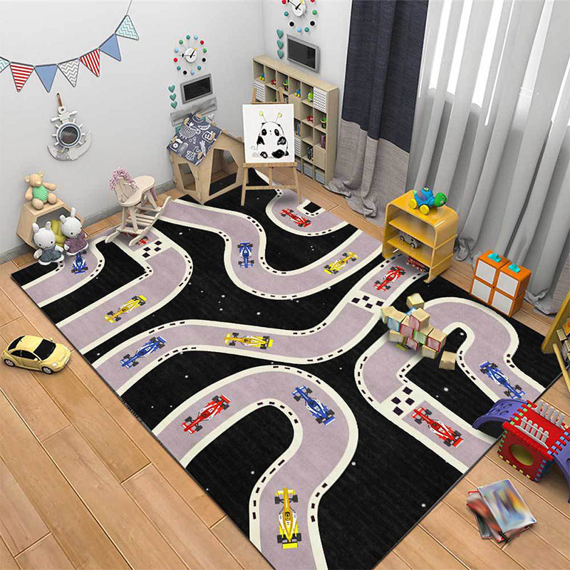 Kids Bedroom Rug in Black Cars & Roads Print Rug Polyester Non-Slip Back Washable Rug