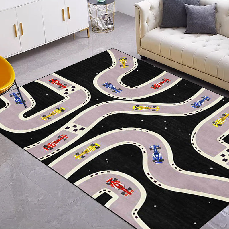 Kids Bedroom Rug in Black Cars & Roads Print Rug Polyester Non-Slip Back Washable Rug