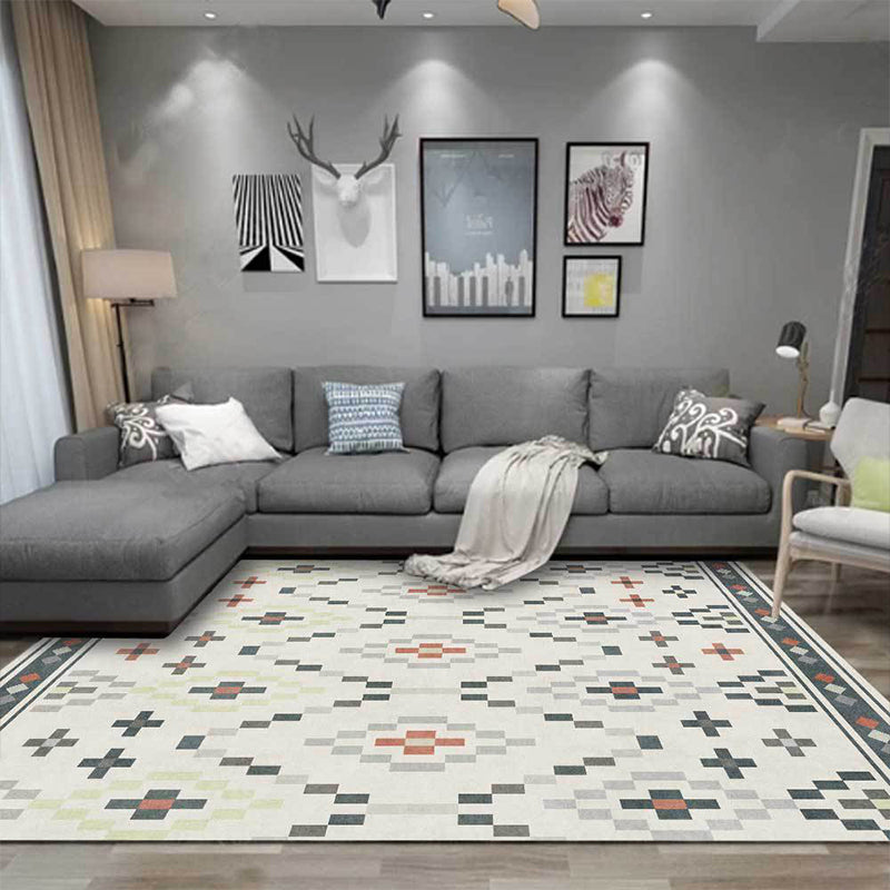 White Tribal Carpet Polyester Geometric Pattern Carpet Washable Non-Slip Back Carpet for Living Room