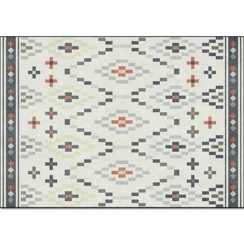 White Tribal Carpet Polyester Geometric Pattern Carpet Washable Non-Slip Back Carpet for Living Room
