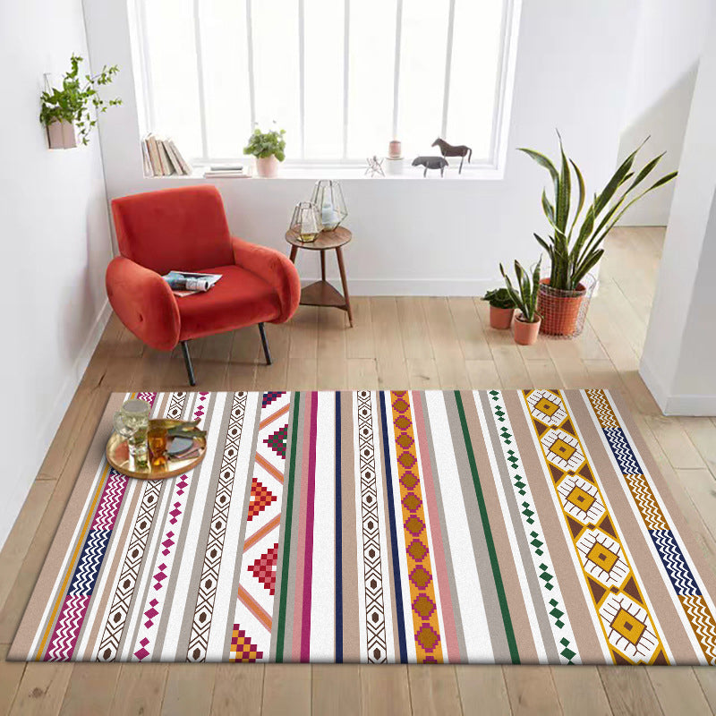 White Multicolor Tribal Carpet Polyester Striped Pattern Carpet Washable Non-Slip Back Carpet for Living Room