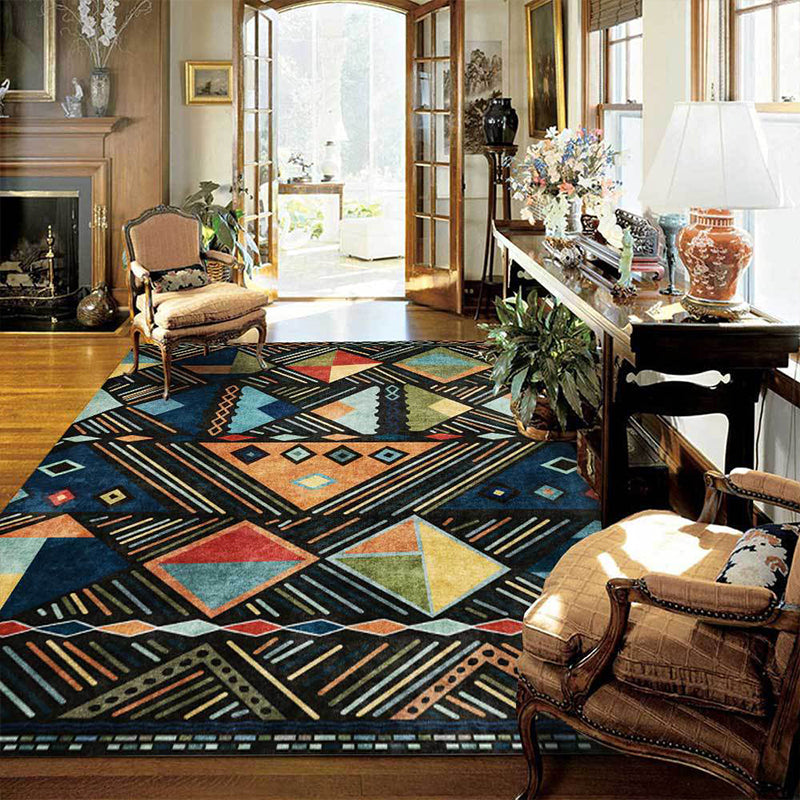 Blue multicolored tribal rug polyester geometric and striped pattern rug washable non-slip backing rug for living room