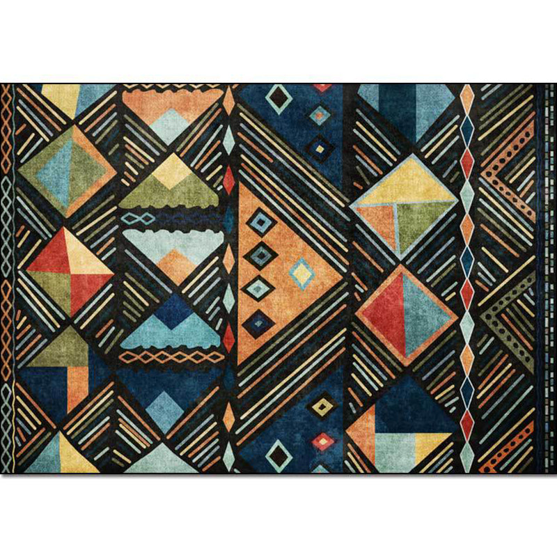 Blue multicolored tribal rug polyester geometric and striped pattern rug washable non-slip backing rug for living room