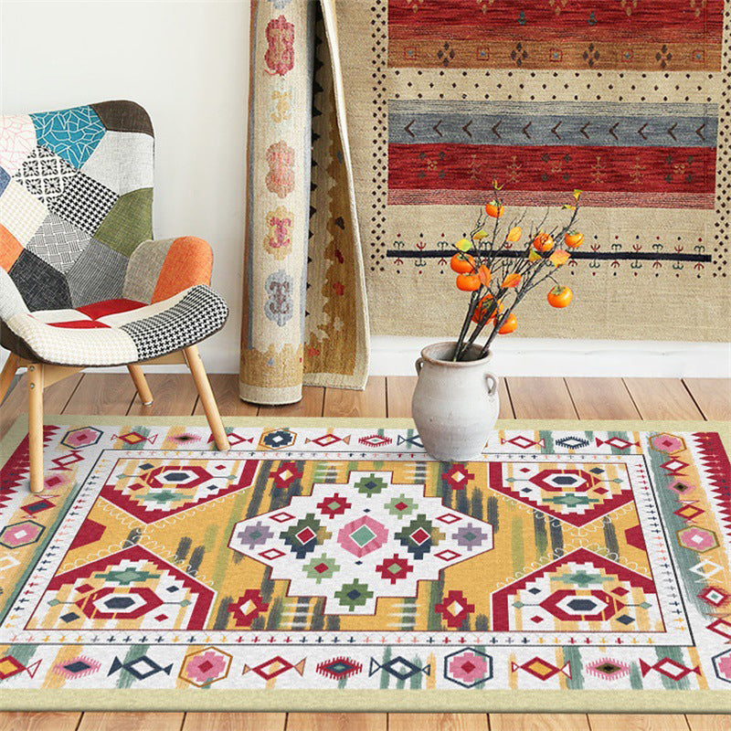 Yellow Tribal Carpet Polyester Medallion Pattern Carpet Washable Non-slip Back Carpet for Living Room