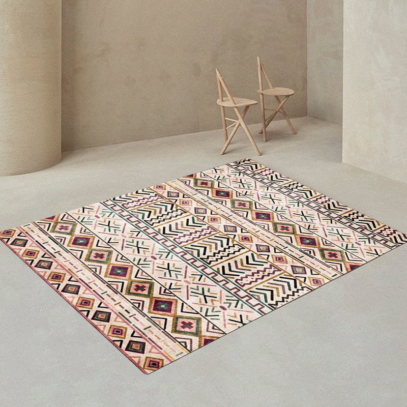 Beige Tribal Rug Polyester Geometric and Striped Pattern Rug Washable Non-Slip Back Rug for Living Room