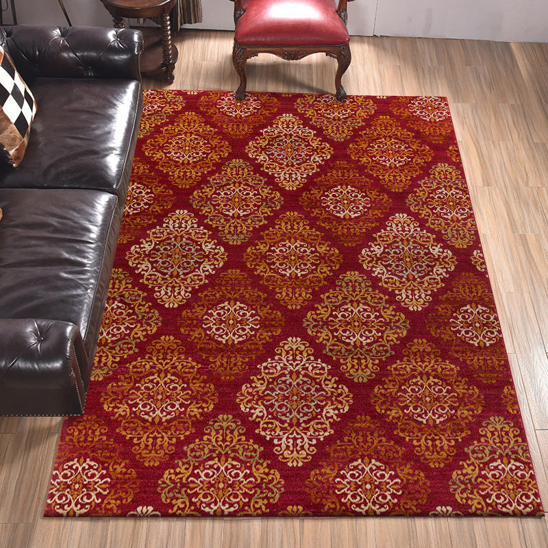 Persian checkered printed carpet with floral red polyester machine washable non-slip carpet for living room