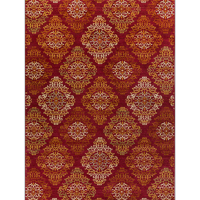 Persian checkered printed carpet with floral red polyester machine washable non-slip carpet for living room