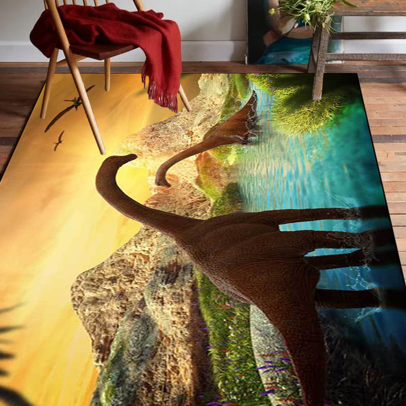 Contemporary Dinosaur Pattern Rug Yellow and Blue Polyester Rug Machine Washable Non-Slip Rug for the Bedroom
