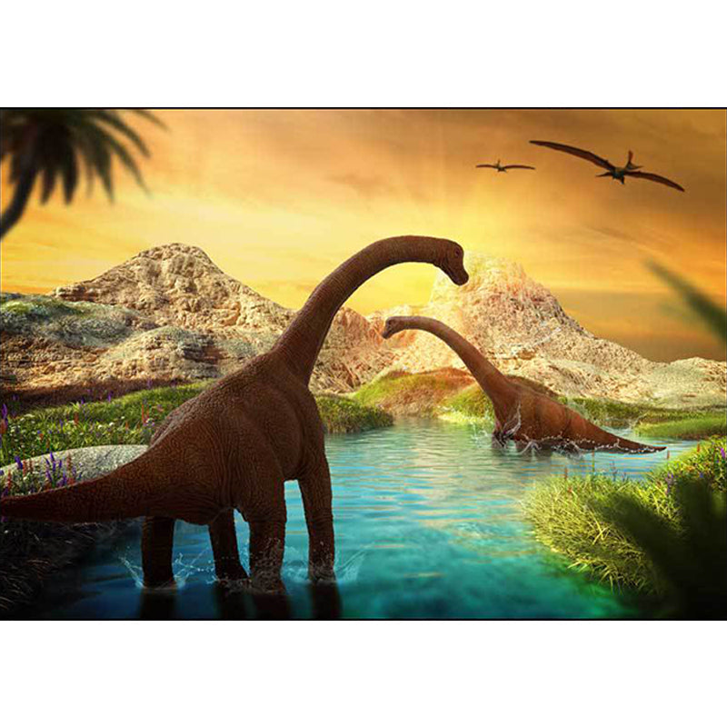 Contemporary Dinosaur Pattern Rug Yellow and Blue Polyester Rug Machine Washable Non-Slip Rug for the Bedroom