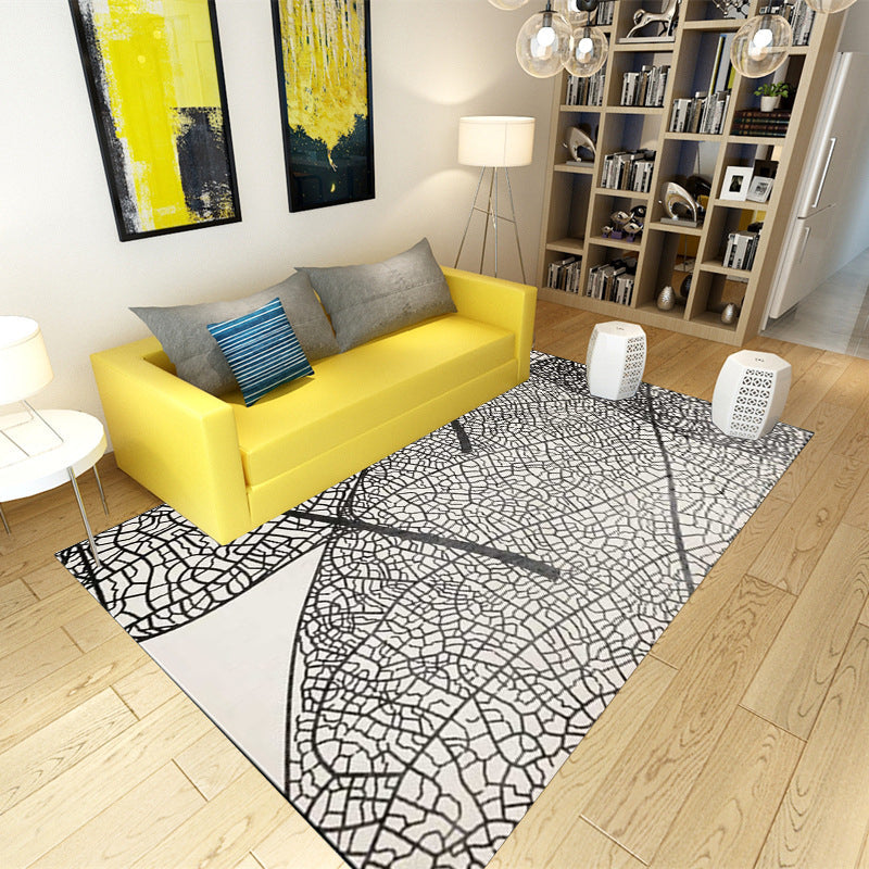 Unique leaf pattern rug gray and black Nordic rug polyester washable non-slip backing area rug for living room