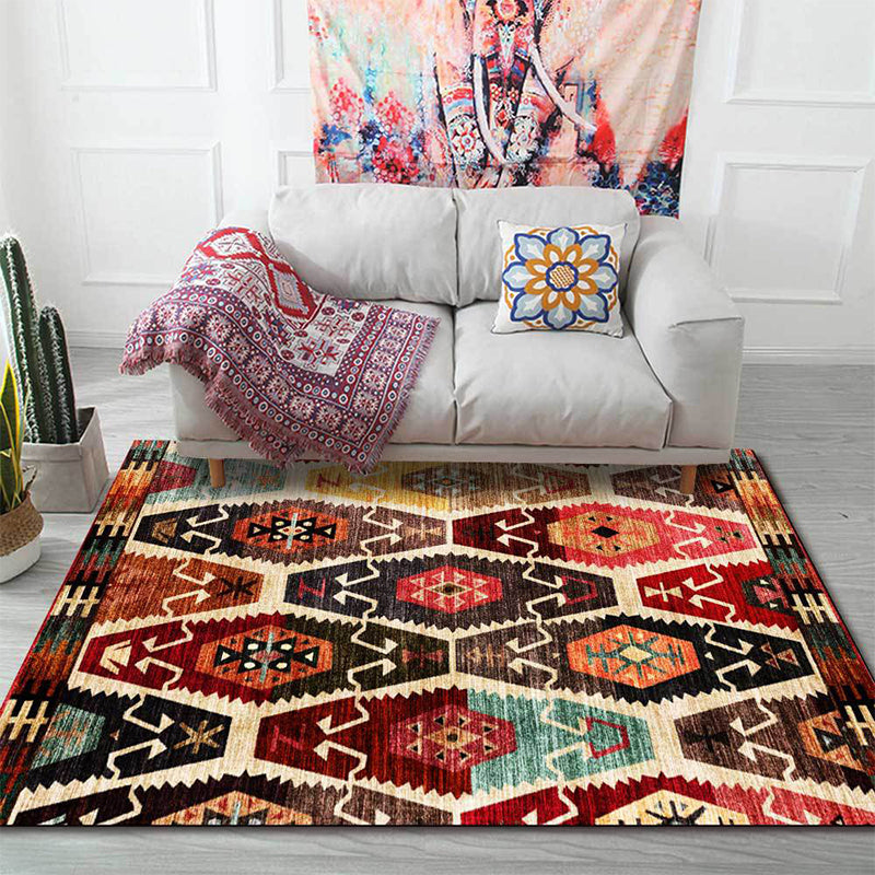 Retro Azulejos Pattern Carpet Brown Multicolored Persian Carpet Polyester Machine Washable Non-Slip Carpet for Bedroom
