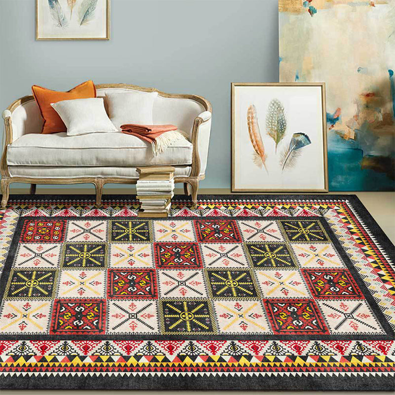 Tribal Azulejos Pattern Rug Red and Green Mediterranean Rug Polyester Machine Washable Non-Slip Living Room Rug for Bedroom