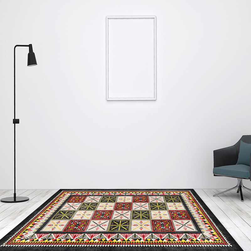 Tribal Azulejos Pattern Rug Red and Green Mediterranean Rug Polyester Machine Washable Non-Slip Living Room Rug for Bedroom