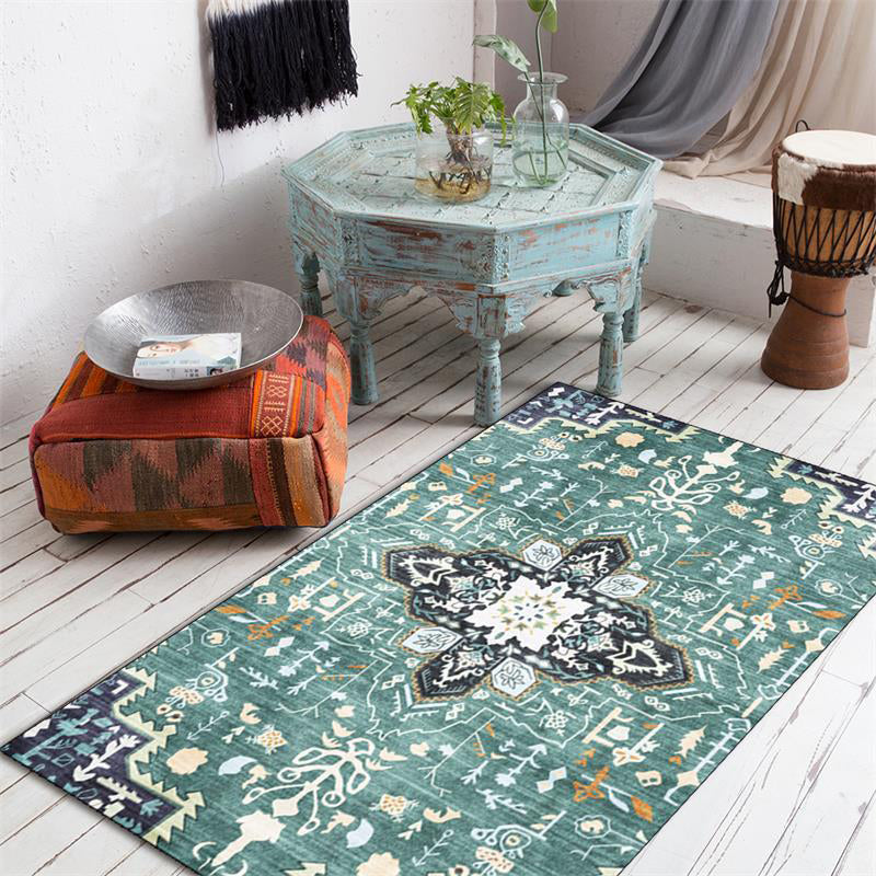 Green Persian Carpet Polyester Medallion Print Carpet Washable Non-Slip Underlay Carpet for Living Room