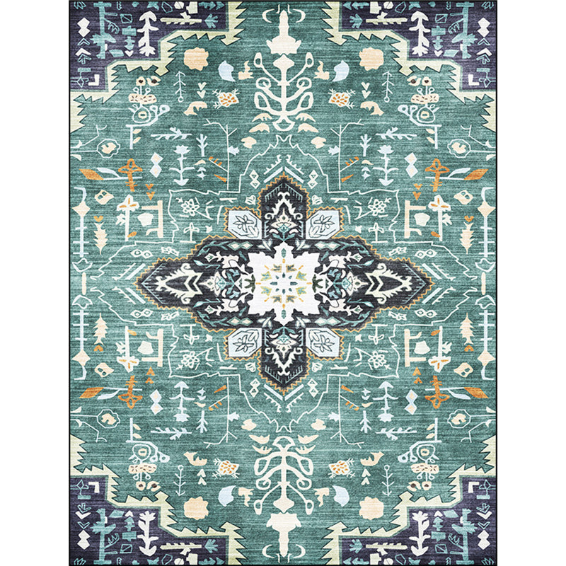 Green Persian Carpet Polyester Medallion Print Carpet Washable Non-Slip Underlay Carpet for Living Room